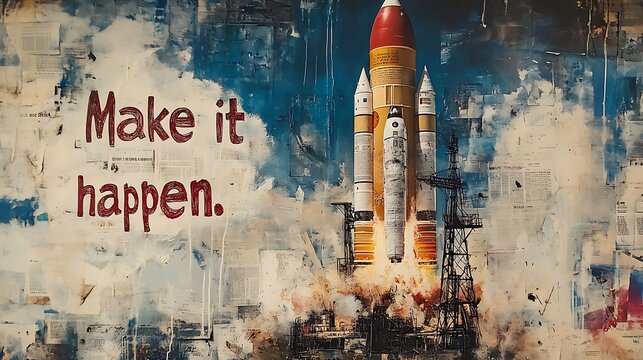 Space shuttle launching with inspirational slogan, make it happen