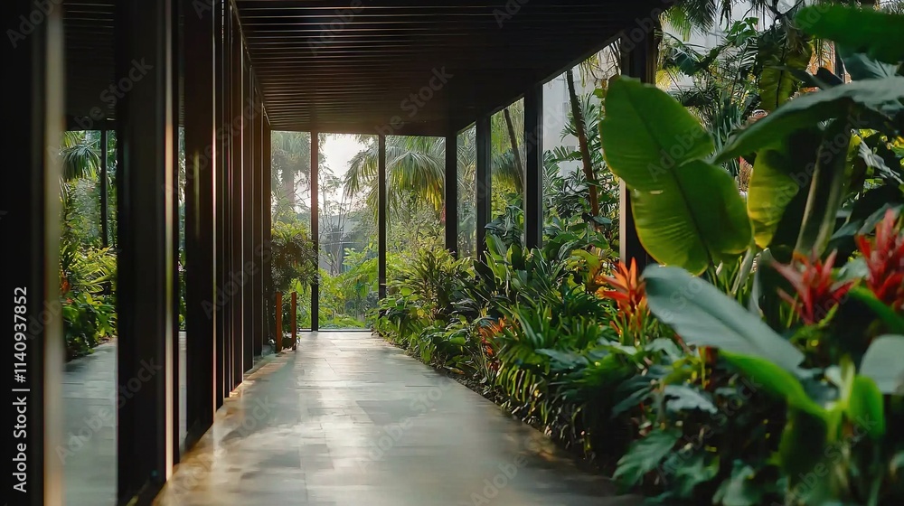 Poster a path through lush greenery surrounded by tall trees and vibrant flora on both sides