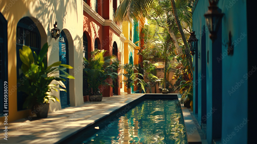 Poster a building has a palm tree in the foreground and another palm tree in the background, in front of a 