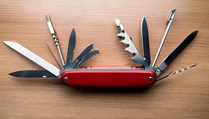classic red swiss army knife open with several tools visible