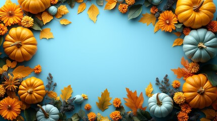 A blue background with pumpkins, leaves and flowers