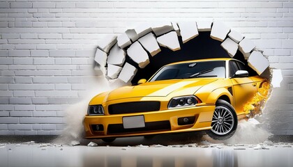 a yellow muscle car crashes through a white brick wall