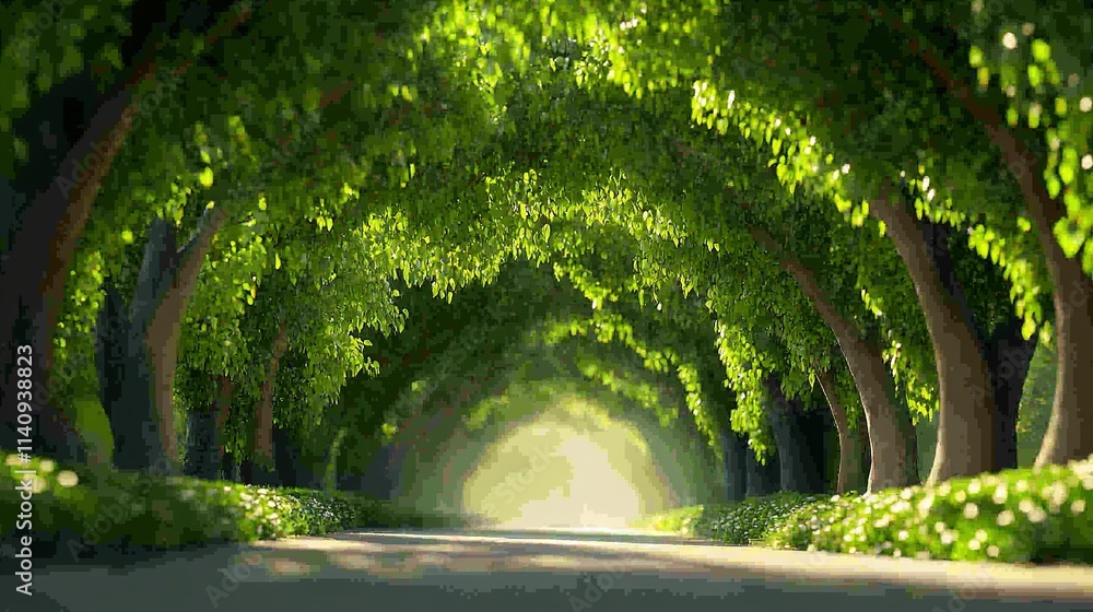 Poster a tunnel of trees on a road, lit by a single tree at the end