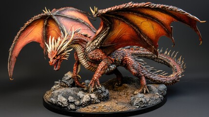 A red and orange dragon figurine on a black background