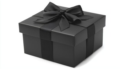 A black gift box with a black ribbon and bow