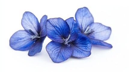 A close up of three blue flowers on a white background
