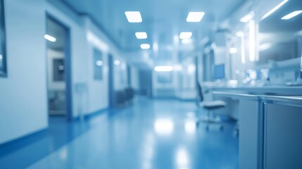 Obraz premium A hospital hallway with blue lighting and white walls