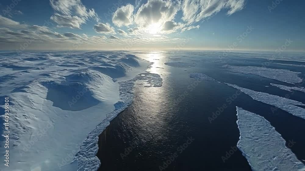 Poster the peaceful arctic landscape features vast expanses of sea ice and open water illuminated by a stun