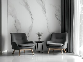 A modern wallpaper featuring a marble effect in grey tones, showcasing two stylish furniture pieces...