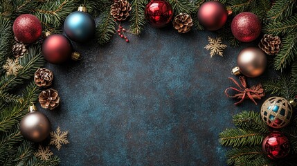 A border of christmas ornaments and pine cones on a blue background