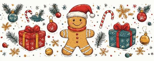 Festive cartoon Christmas pattern with gingerbread man and holiday decorations