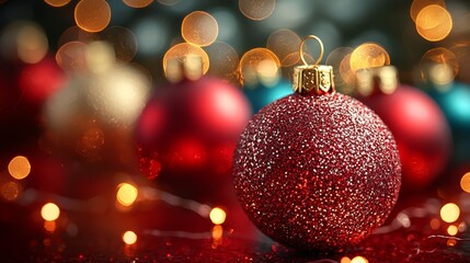 A red and blue christmas ornament sitting on top of a table