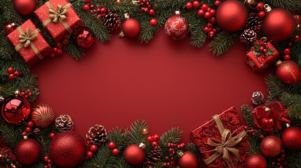 A red christmas background with presents and ornaments