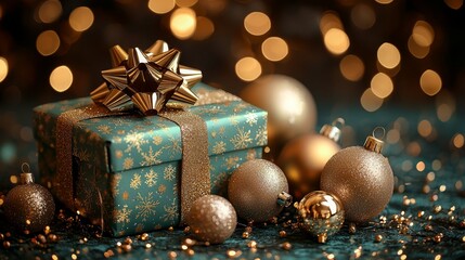 A blue gift box with a gold bow and some gold ornaments