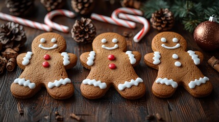 A group of gingerbread men sitting on top of a wooden table