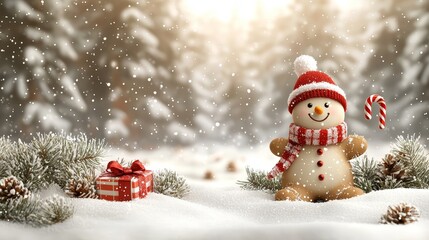 Obraz premium A snowman wearing a red hat and scarf holding a candy cane