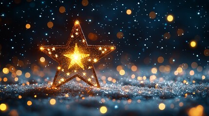 A gold star on a blue background with bokeh lights