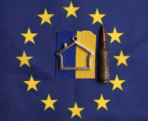pool flag of ukraine against the background of the eu flag.Concepts of the desire for ukraine to...