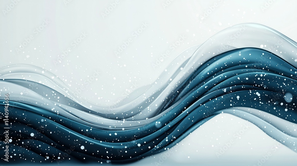 Poster a blue and white abstract wave with snowflakes atop and below it on its base