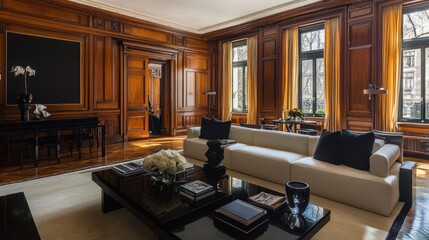 Naklejka premium Luxurious Living Room with Wooden Paneling and Large Windows