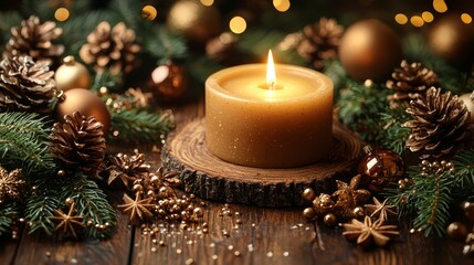 A lit candle sitting on top of a wooden table