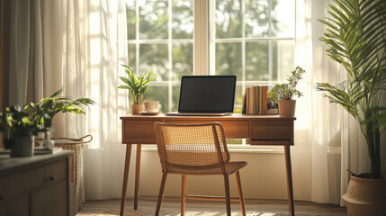 A sleek laptop on a wooden desk with a cup of coffee beside it, minimalist home office, bright natural light, clean and uncluttered design