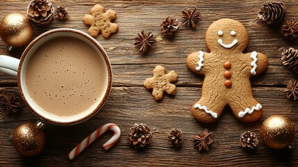 A cup of hot chocolate with a gingerbread man next to it