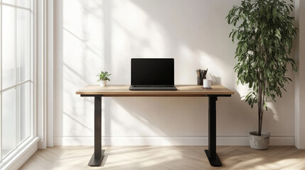 A sleek laptop on a wooden desk with a cup of coffee beside it, minimalist home office, bright natural light, clean and uncluttered design