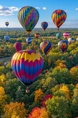 Fototapeta premium Colorful hot air balloons soar above a vibrant autumn landscape with colorful foliage and clear blue skies. Generative AI