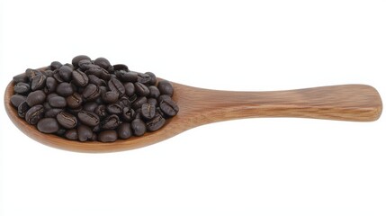 Obraz premium A wooden spoon filled with coffee beans on a white background