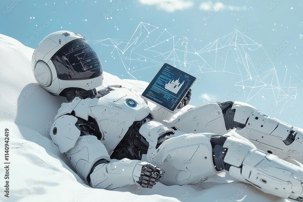 Poster futuristic robot relaxing in a digital sky with tablet analytics