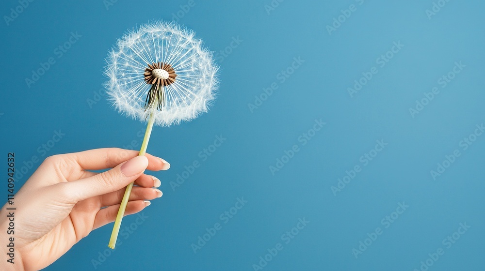 Poster a hand holding a dandelion against a blue backdrop with only the dandelion visible in the foreground