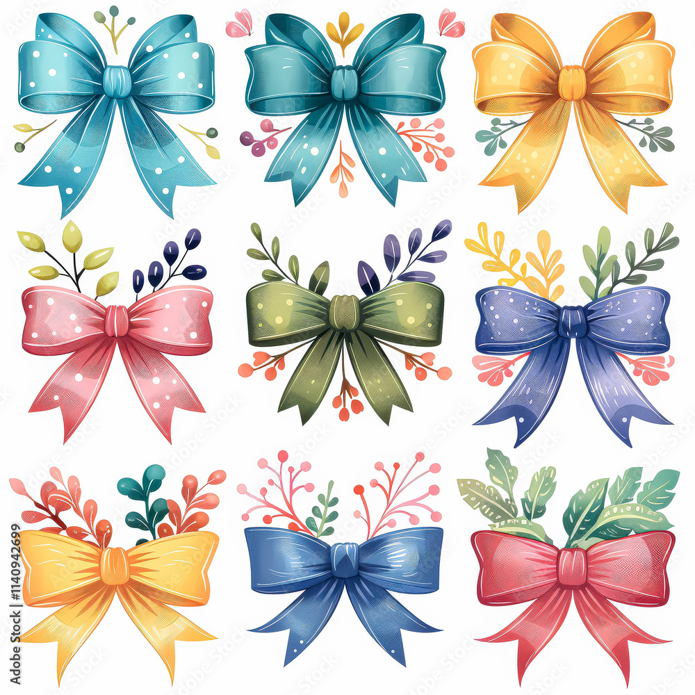 Poster set of colorful bows with flowers and leaves. the bows are arranged in a grid, with each one having 