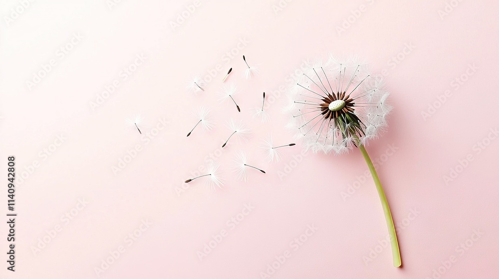 Poster a dandelion blown by wind on pink background with text/image space