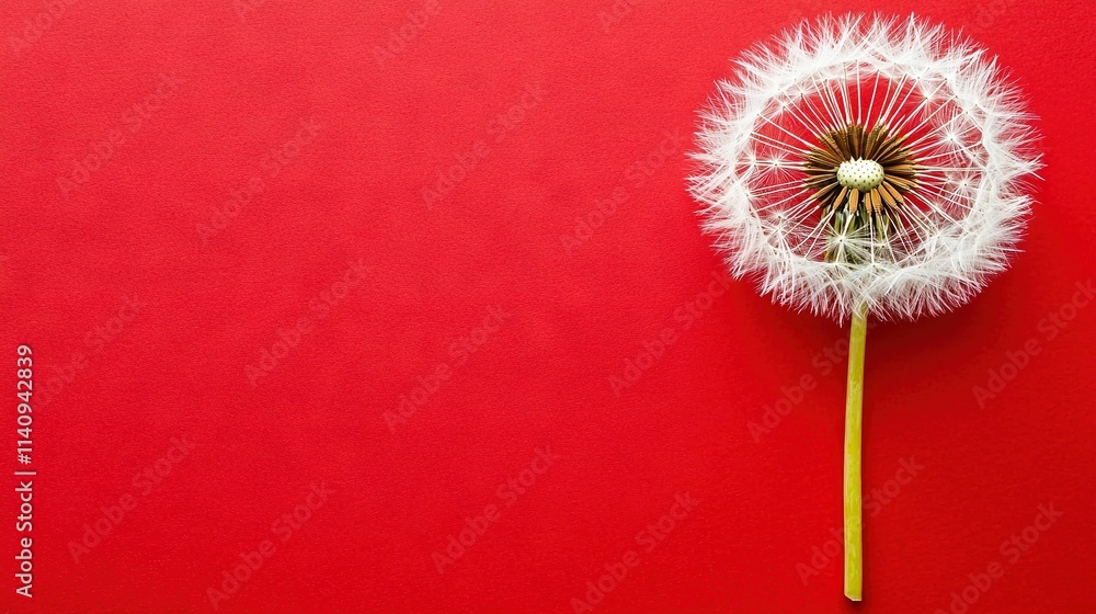 Poster dandelion on red background with single dandelion in center