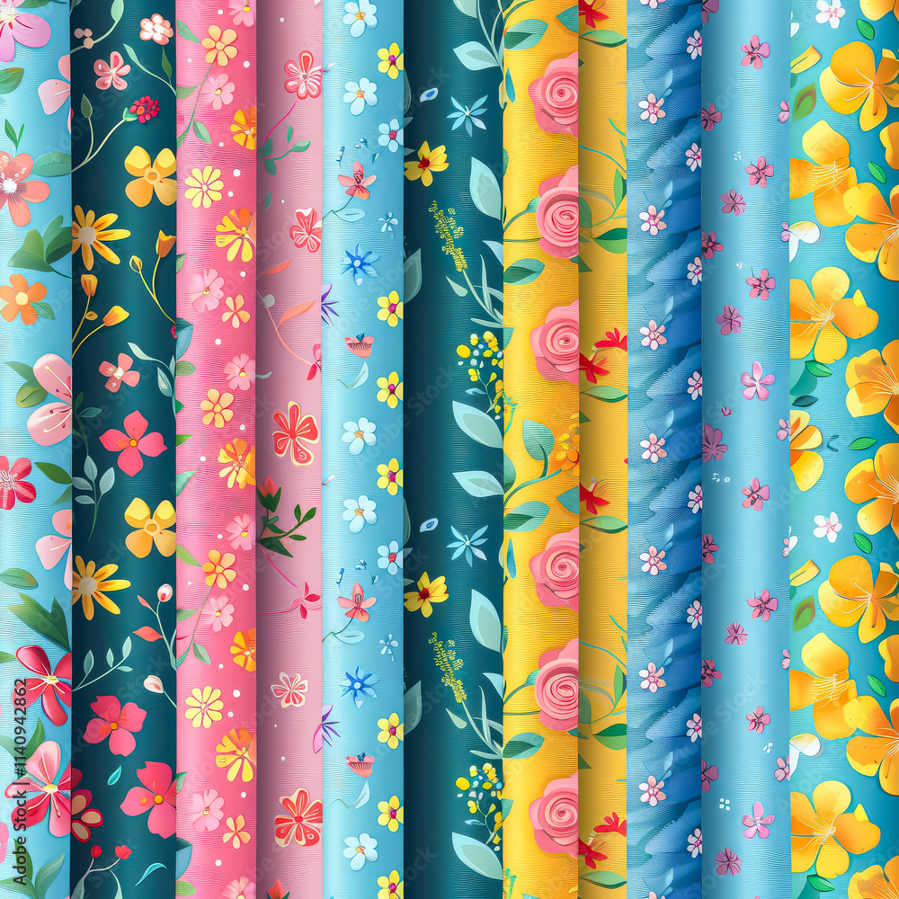 Poster series of colorful floral patterns are displayed in a row. the colors include blue, pink, yellow, an