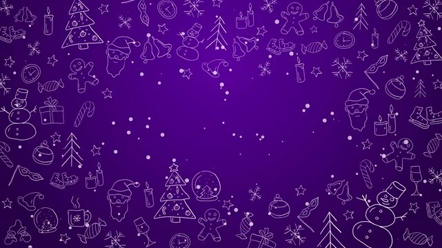 Animated frame Christmas design icon element in doodle style. Purple background. Looped. Copy space.