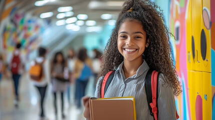 Confident student smiling in colorful hallway
