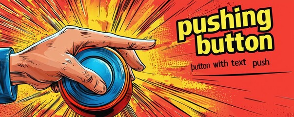 Comic style illustration of hand pressing a large button