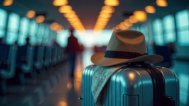 Traveler’s hat and map on a seat beside a sleek metallic suitcase, terminal lights in the background