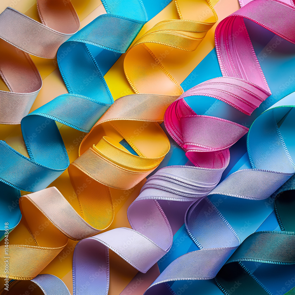 Poster colorful ribbon is displayed in a row, with each ribbon having a different color. the ribbon is arra