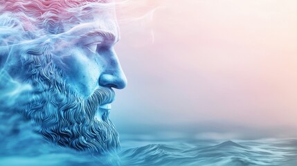 Ethereal Oceanic Guardian with Serene Expression Amidst Misty Waves