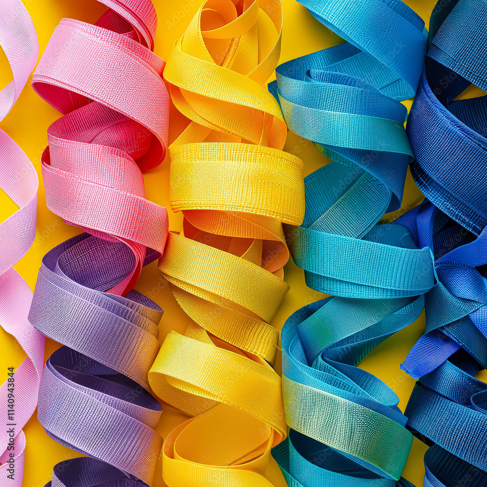 Poster colorful ribbon is displayed in a row, with each ribbon having a different color. the ribbon is arra