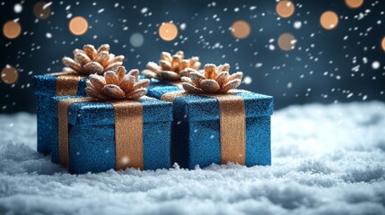 Three blue gift boxes with gold ribbons and pine cones in the snow