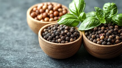 Fototapeta premium Three wooden bowls filled with different types of spices