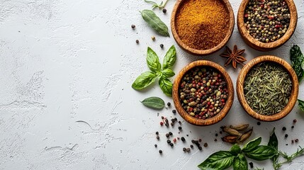 Fototapeta premium A variety of spices in wooden bowls on a white surface