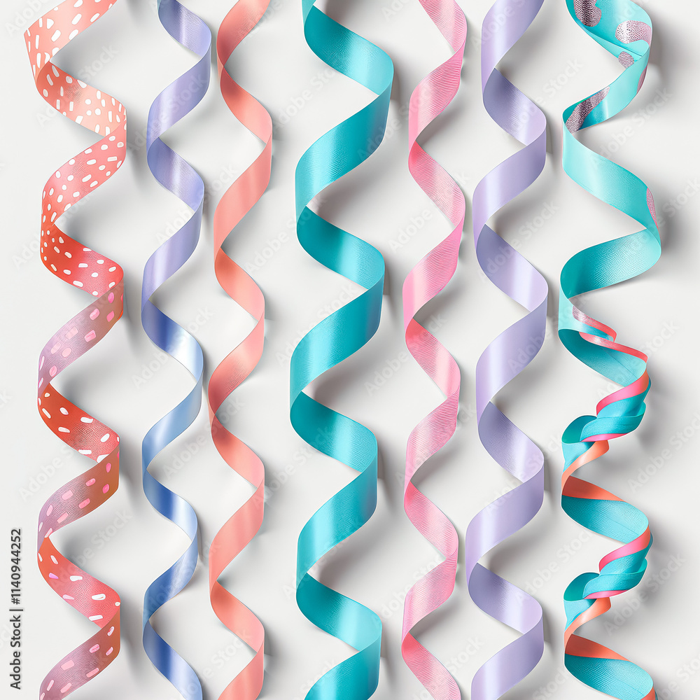 Poster series of colorful paper ribbons are arranged in a row on a blue background. the ribbons are of vari