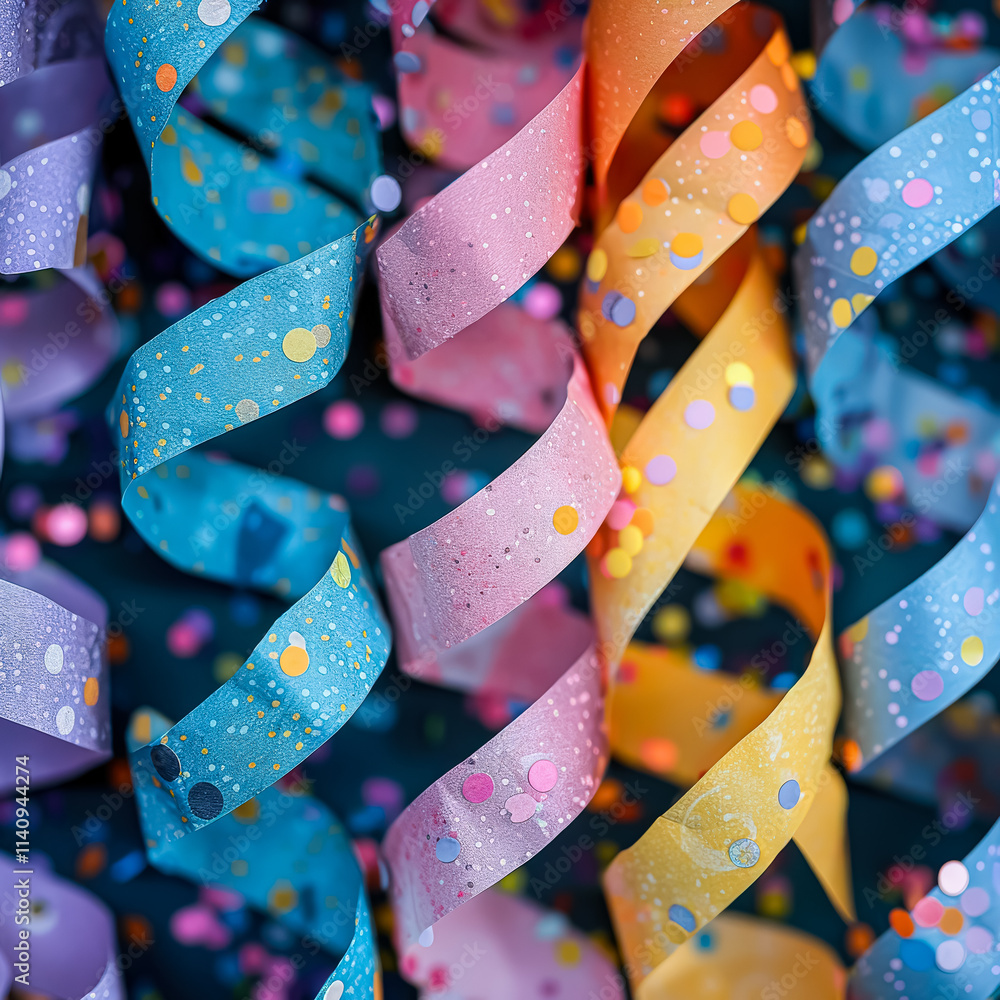 Poster series of colorful paper ribbons are arranged in a row on a blue background. the ribbons are of vari