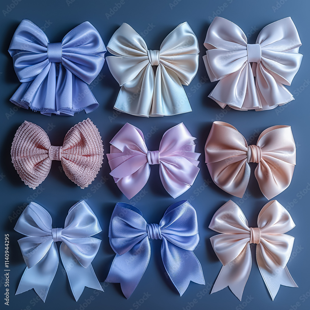 Aufkleber collection of bows in various colors and sizes are displayed on a blue background. the bows are arra