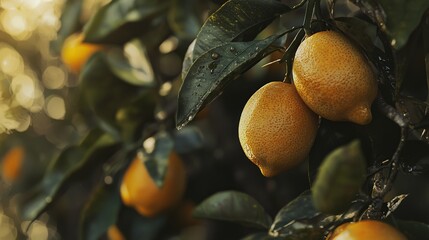 A bunch of ripe lemons hanging from a tree